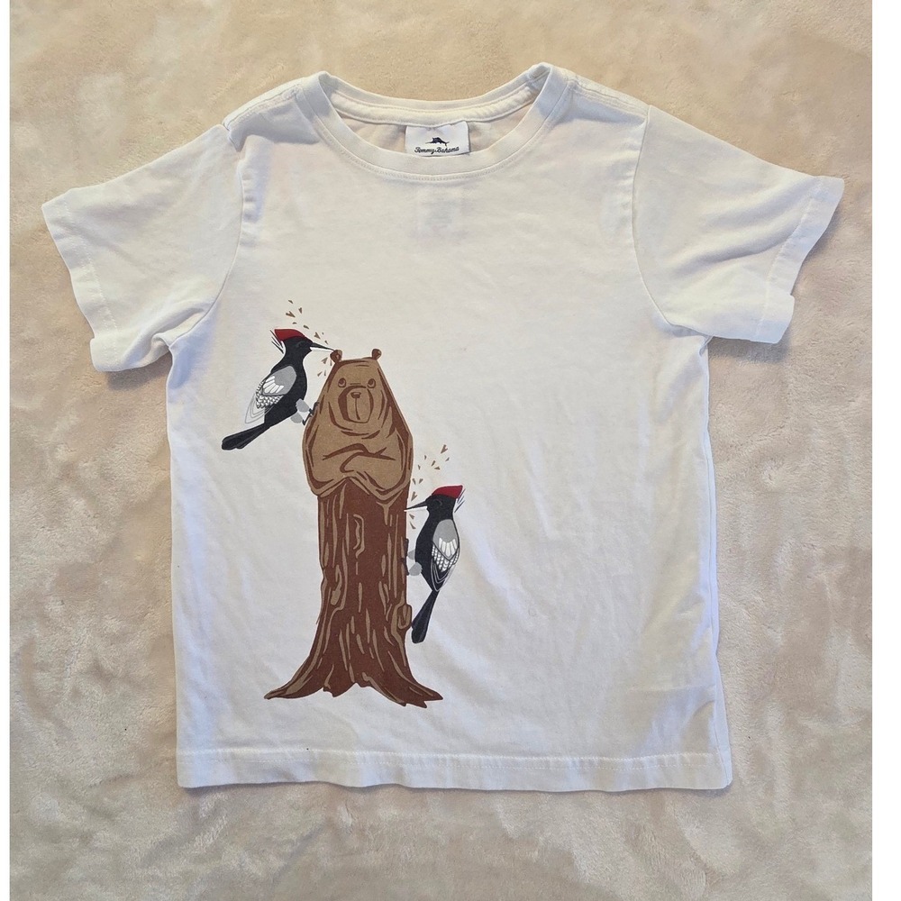 Tommy Bahama Boys Graphic T Shirt 5T Bear Woodpecker Print Outdoor Camping Tee